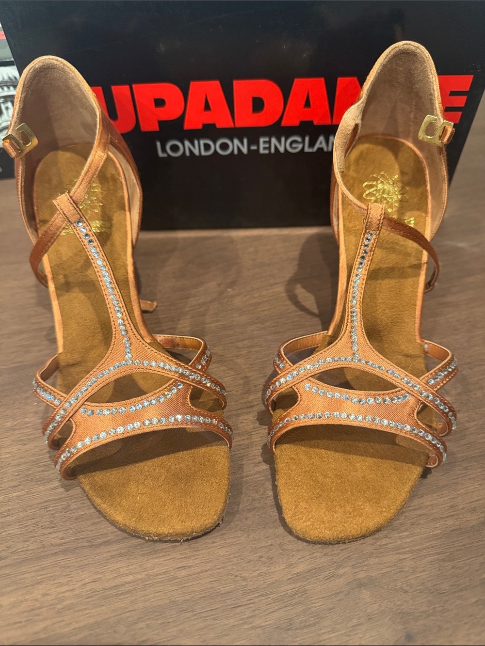 Tan Satin Strappy Heels with Rhinestone Accents
